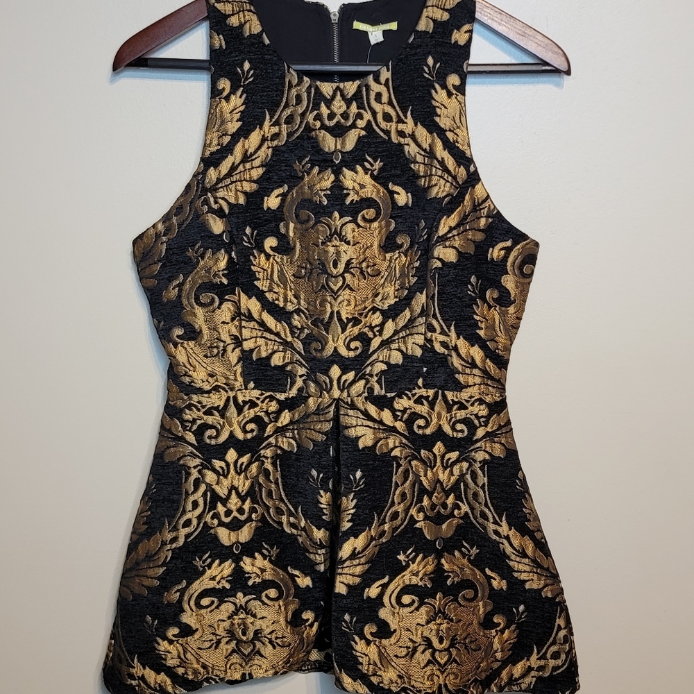 Gianni Bini Black and Gold Brocade Peplum